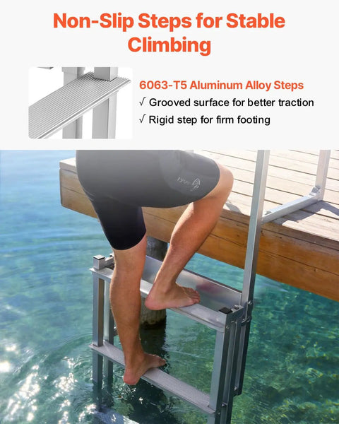 Retractable Dock Ladder With 5 Steps Aluminum Pontoon Swim Ladder Auto Lift Float Non Slip Wide Steps 500 Lb Weight Capacity Adjustable Height No Fuss Easy Install Ideal For Lake Pool And Boat, man climbing aluminum dock ladder