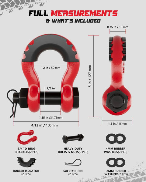 Diagram of Three Quarters Inch D Ring Shackle Set, Two Pack, Heavy Duty Forged Steel With Seven Eighths Inch Pin, red color