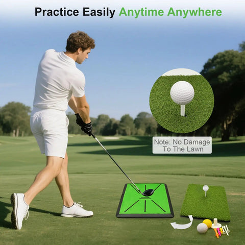 Man using Ultimate Golf Practice Mat Set With Replaceable Mats And Tees, Two Mat System For Driving And Chipping, Anti Slip Black Frame
