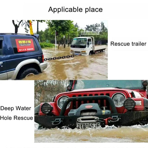 Badass Heavy Duty Hauling Chain With Double Trailer Hooks Built From Industrial Strength Electroplated Steel, aiding vehicle rescue in deep water.