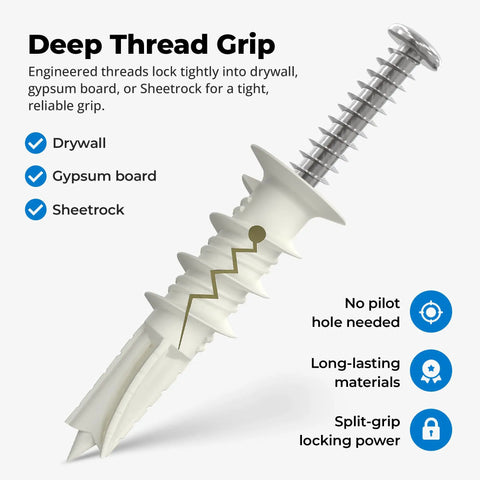 Self Drilling Drywall Anchors With Screws For Quick Easy DIY Install No Pre Drill Wall Anchor Kit With Anti Spin Grip