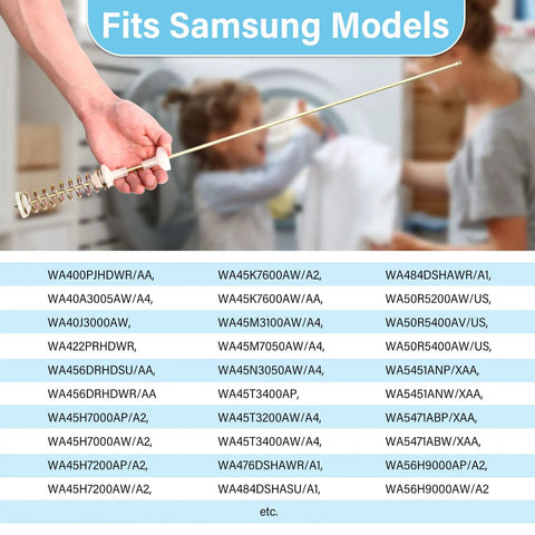 4 Pack DC97-16350 Series Suspension Rods Replacement Kit fits Samsung models chart with person holding a rod in the foreground.