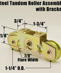 Steel tandem roller assembly with bracket dimensions for patio sliding door rollers replacement assembly.