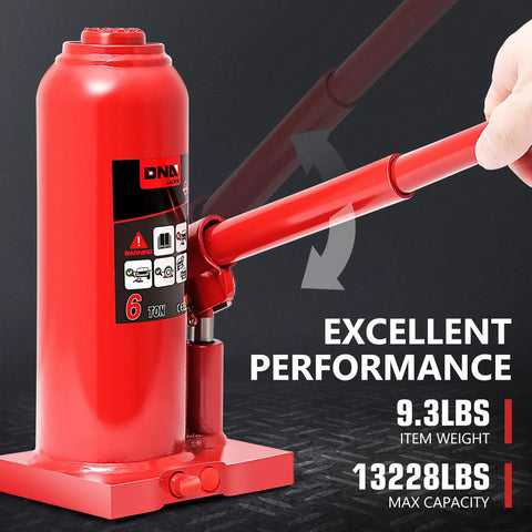 Heavy Duty 6 Ton Hydraulic Bottle Jack For Cars, Trucks And SUVs, Welded Steel Construction With Manual Handle, Red
