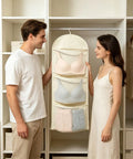 Compact Triple Tier Hanging Closet Organizer With Airy Mesh Pockets Ideal For Bras Bottoms And Socks, displayed with bras and shorts.