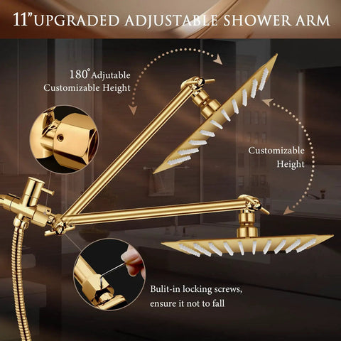 Gold Rain Shower Head And Handheld Combo With 11 Inch Adjustable Extension Arm, Five Spray Settings, 60 Inch Hose, Anti Leak Design, High Pressure Water Flow, Luxe Spa Vibe For Your Home. Image shows the shower head with adjustable arm and locking screws.
