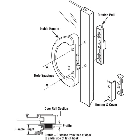 Technical diagram of Diecast Hook Latch Sliding Patio Door Handle For Left Or Right Doors, Black Finish, Replacement Handle, Reversible Non Keyed