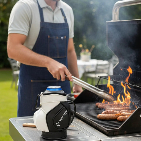 Two In One Golf Drink Holder Set With A 14oz Insulated Tumbler in mini golf bag design on a barbecue grill