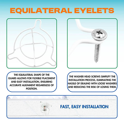 Heavy Duty Chrome Fire Sprinkler Head Guard Cage With Bulletproof Coverage And Foolproof Ceiling Installation For Flush Sidewall Or Semi Recessed Pipes Easy No Fuss Setup For One Half And Three Quarter Inch Heads Single Pack equilateral eyelets and washer head screws on installation guide.
