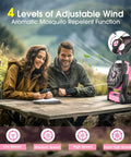 Couple sitting outdoors with Go To Portable 20000mAh Rechargeable Fan With LED Lantern indoors, showing 4 wind speeds.