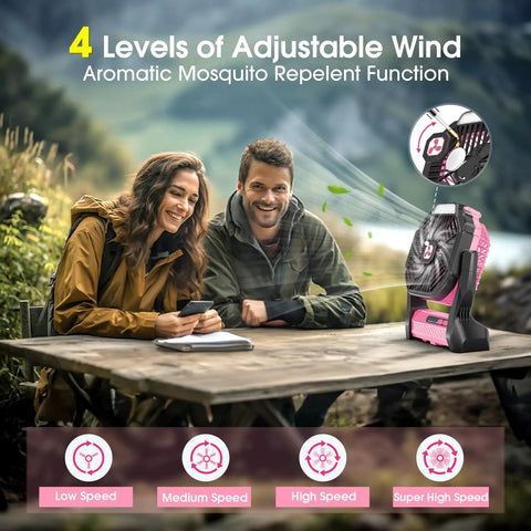 Couple sitting outdoors with Go To Portable 20000mAh Rechargeable Fan With LED Lantern indoors, showing 4 wind speeds.