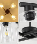 Four Light Black Farmhouse Chandelier With Adjustable Height Pendant Lighting For Dining Rooms showcasing clear glass globes and geometric iron frames.