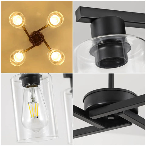 Four Light Black Farmhouse Chandelier With Adjustable Height Pendant Lighting For Dining Rooms showcasing clear glass globes and geometric iron frames.