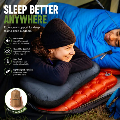 Outdoor scene with woman using Inflatable Camping Pillow With Removable Washable Cover For Backpacking Ultralight Air Pillow
