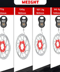 Floating Disc Brake Rotor Set For MTB Road Bike And BMX 140mm 160mm 180mm 203mm With Six Bolts Red SUS410 Stainless Steel Rotors Shown in Weight Comparison