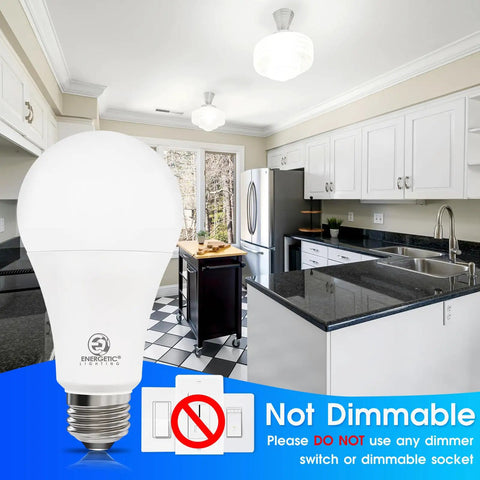 No Fuss Motion Sensor LED Bulbs A21 Shape E26 Base 14.5W 100W Equivalent 1500 Lumens Daylight 5000K Auto On Off For Porch Garage Patio 2 Pack Dusk to Dawn with 360 Degree Sensing and About 10 Feet Reach, kitchen bulb not dimmable