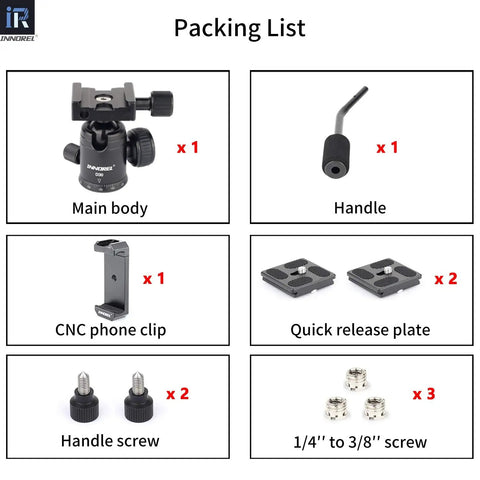 Packing list of D30 Panoramic Ball Head With Removable Handle Beefy All Metal CNC Build Camera Mount and accessories