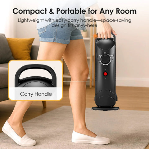 Air Choice 700W oil-filled radiator heater, portable black indoor space heater with carry handle and adjustable thermostat.