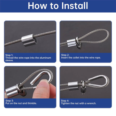 Installation steps for Beefy Heavy Duty Eighteen Piece Three Sixteenth Inch Wire Rope Accessory Kit using aluminum sleeves and thimble.