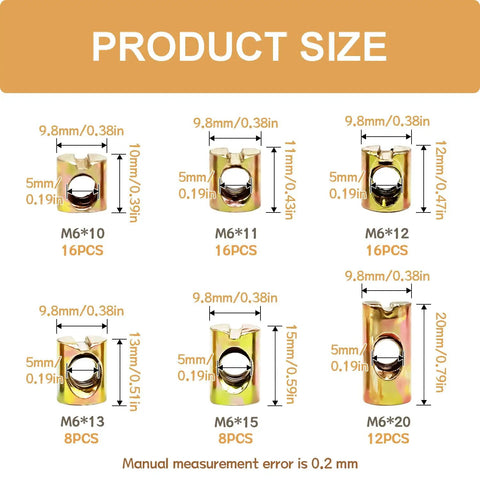 Badass M6 Barrel Nut And Cross Dowel Kit Including Seventy Six Pieces Of Galvanized Steel Hardware For Rock Solid Bed Frames and sizes.
