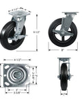 Rock Solid Eight Inch Rubber On Cast Iron Industrial Casters Set Of Four with measurements and swivel brake detail.
