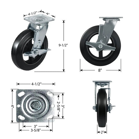 Rock Solid Eight Inch Rubber On Cast Iron Industrial Casters Set Of Four with measurements and swivel brake detail.