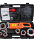 Boss Level Electric Pipe Threader Set Featuring A Raw 2300W Copper Motor And Snazzy Portable Tapping Machine loaded with dies and tools in case.