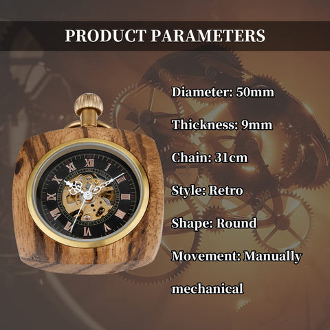 Retro Square Red Brown Wooden Hand Wind Pocket Watch For Men With Chain Capless Hollow Mechanical Timepiece No Battery Classic Vintage Vibe For Everyday Carry