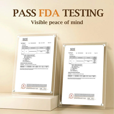 Test reports showing PASS FDA TESTING, providing visible peace of mind for product quality assurance