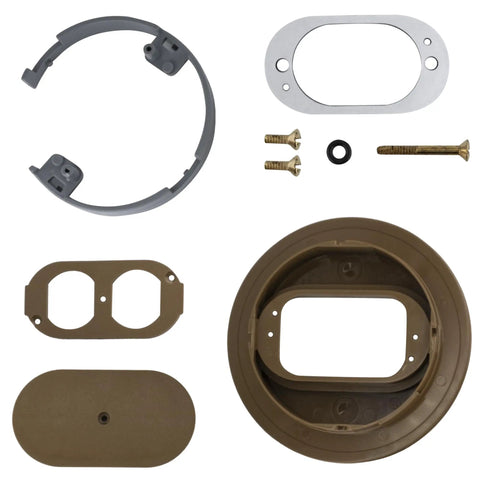 Duplex Receptacle Flush Mount Carmel Cover Model E97DSC with components for round floor boxes, includes hardware and drill points.