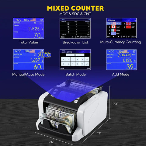 Mixed Denomination Money Counter With Touchscreen Display And Fast Counting Up To 1500 Bills Per Minute, UV MG IR And DD Detection