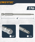 Badass Grip T15 Torx Driver Bit Two Pack Four Inch Extended Reach Decking Bits With Knockout Depth Stop Control Quarter Inch Hex Shank For Drills And Impact Drivers Straight Shot Fit Hidden Jigs showing 4-inch length and T15 head detail.