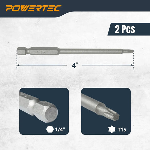 Badass Grip T15 Torx Driver Bit Two Pack Four Inch Extended Reach Decking Bits With Knockout Depth Stop Control Quarter Inch Hex Shank For Drills And Impact Drivers Straight Shot Fit Hidden Jigs showing 4-inch length and T15 head detail.