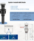 Diagram of quick-install ABS drain component specifications and compatibility with overflow and non-overflow sinks.