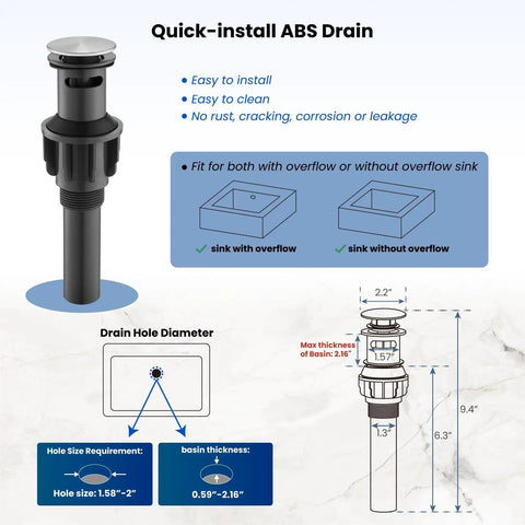 Diagram of quick-install ABS drain component specifications and compatibility with overflow and non-overflow sinks.