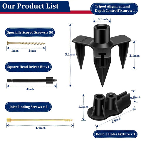 Slick Squeaky Floor Repair Kit With Fifty Heavy Duty Joist Screws And Five Simple Tools to squash creaks, including screws and fixtures.