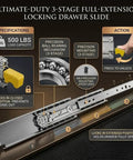 Beefy Heavy Duty 500 Lb Locking Drawer Slides With Full Extension Runners, Industrial Grade Steel Sliding Hardware For Tool Cabinets And Truck Bed Setups, Rugged Drawers That Glide Smoothly And Lock Tight For Hardcore Use. 500 lb locking slide with full-extension steel rails and release latch