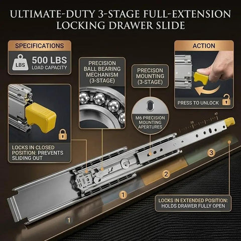 Beefy Heavy Duty 500 Lb Locking Drawer Slides With Full Extension Runners, Industrial Grade Steel Sliding Hardware For Tool Cabinets And Truck Bed Setups, Rugged Drawers That Glide Smoothly And Lock Tight For Hardcore Use. 500 lb locking slide with full-extension steel rails and release latch