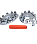 Chrome Plated ABS Front Axle Covers Kit For Semi Trucks With Thread-On 33mm Lug Nut Covers And Removable Caps Includes Installation Tool Fits Most 20 Inch, 22.5 Inch, And 24.5 Inch Wheels displaying two covers and tool