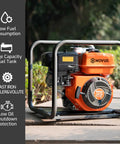 Gas Powered 2 Inch Semi Trash Pump With 212cc 4 Cycle Engine on a patio showcasing cast iron frame.