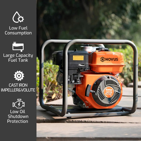 Gas Powered 2 Inch Semi Trash Pump With 212cc 4 Cycle Engine on a patio showcasing cast iron frame.
