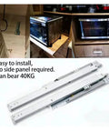 Top Shelf Bottom Mounted Drawer Slides One Pair Concealed Guide 16 Inch installed under microwave in cabinet for easy use.