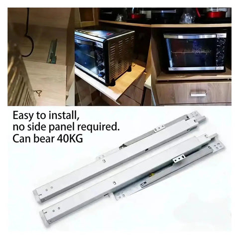 Top Shelf Bottom Mounted Drawer Slides One Pair Concealed Guide 16 Inch installed under microwave in cabinet for easy use.