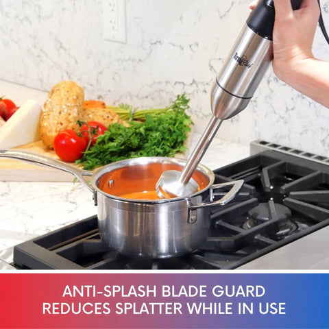 Powerful Immersion Blender With Stainless Steel Shaft And Variable Speed Control To Handle Tough Ingredients No Sweat Blend Creamy Smoothies Whip Up Rich Sauces And Make Silky Purees, blending tomato soup in stainless steel saucepan.