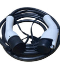 Heavy Duty Type Two To Type One EV Charging Cable Sixteen Feet Long SAE J1772 adapter with two connectors coiled.