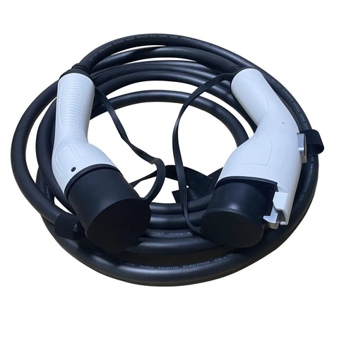 Heavy Duty Type Two To Type One EV Charging Cable Sixteen Feet Long SAE J1772 adapter with two connectors coiled.