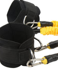 Ankle Straps With Cuffs For Resistance Training, yellow glute bands, D-ring attachments, close-up view, leg lifting equipment