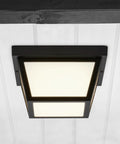 9 Inch Black LED Outdoor Ceiling Light With Frosted Lens, 3000K Warm White, 1000 Lumens, Wet Rated, mounted on porch ceiling