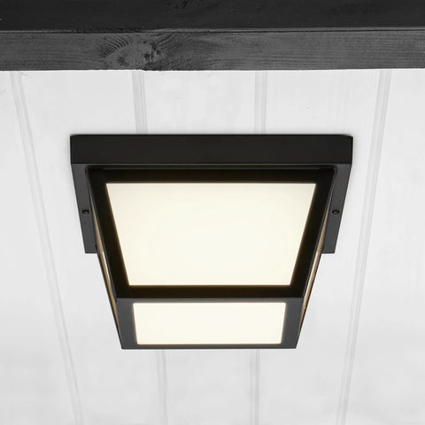 9 Inch Black LED Outdoor Ceiling Light With Frosted Lens, 3000K Warm White, 1000 Lumens, Wet Rated, mounted on porch ceiling