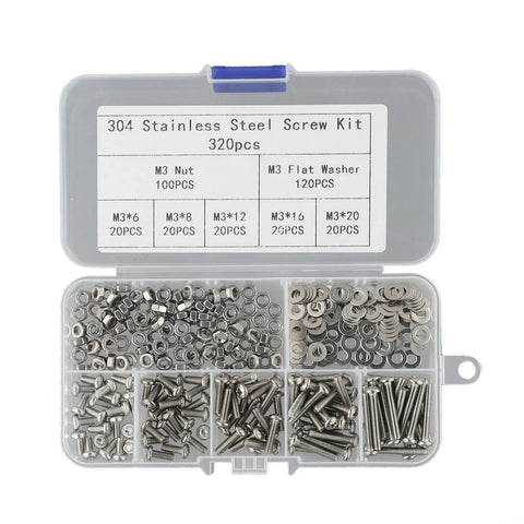 320 Piece 3mm Stainless Steel Hex Socket Screws Bolts Nuts Washers And Flat Round Head Fasteners With Gaskets, Your Go To Rust Resistant 304 Set For Home Auto Marine Repairs. Open 304 stainless steel screw kit case with M3 screws, nuts, and washers